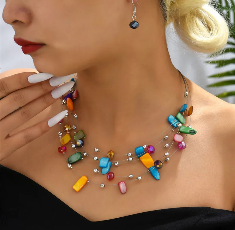 Jewelry Sets Kymyad Crystal Necklace Earrings For Women Colorful Shell Jewelry Sets Multilayer Choker Necklace Women Jewelry Set Accessory