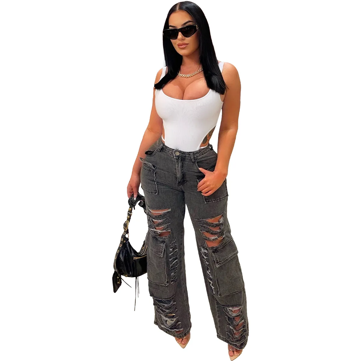 Ripped Denim Pocket Pants Baggy Jeans High Waist Cargo Y2K Streetwear Fashion 2023 Women Summer Trousers Denim Wide Leg Pants