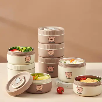 WORTHBUY 귀여운 곰 304 스테인리스 스틸 보온 도시락 상자, 어린이 및 성인용 휴대용 전자 레인지, 누출 방지 식품 용기 상품 이미지