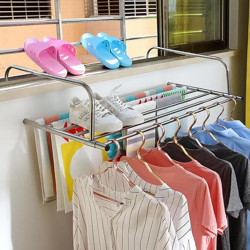 14cm Stainless steel folding drying rack balcony indoor window shoe rack balcony telescopic hanging clothes walls Balcony