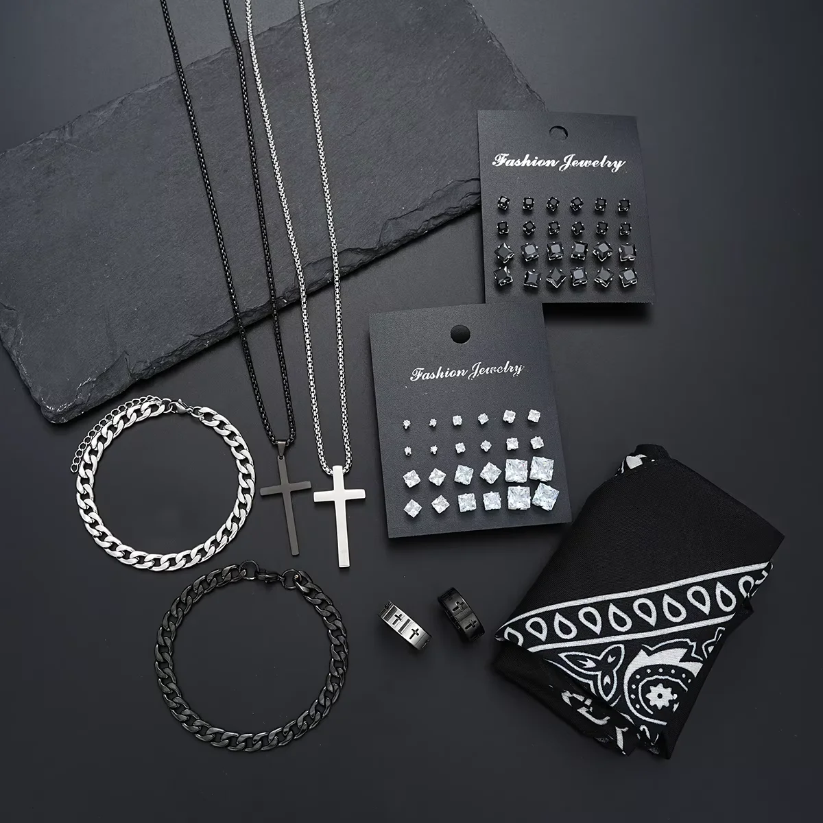 55 Pcs Stainless Steel Jewelry Set for Men Punk Hip Hop Zircon Stud Earrings Link Bracelet Cross Pendant Necklace Bandana Sets