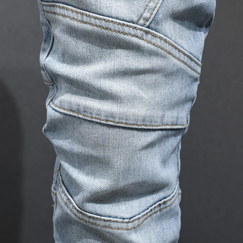 High Street Fashion Men Jeans Retro Light Blue Elastic Spliced Designer Biker Jeans Men Multi Pockets Hip Hop Denim Pants Hombre