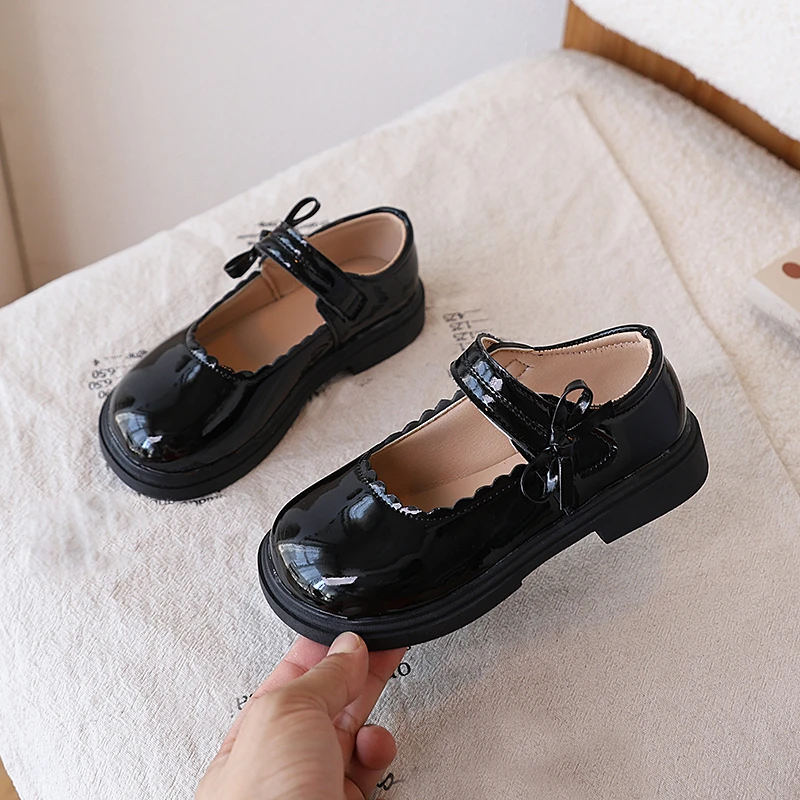 Black Leather Kids Mary Jane Flat Shoes for Girls