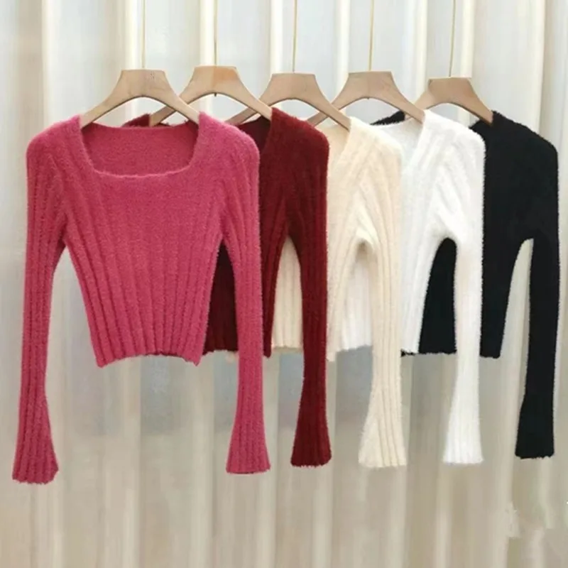 가을 겨울 뜨개질 자르기 탑 여성 스키니 스웨터 하단 셔츠 패션 여성 긴 소매 풀오버 캐주얼 니트 스웨터