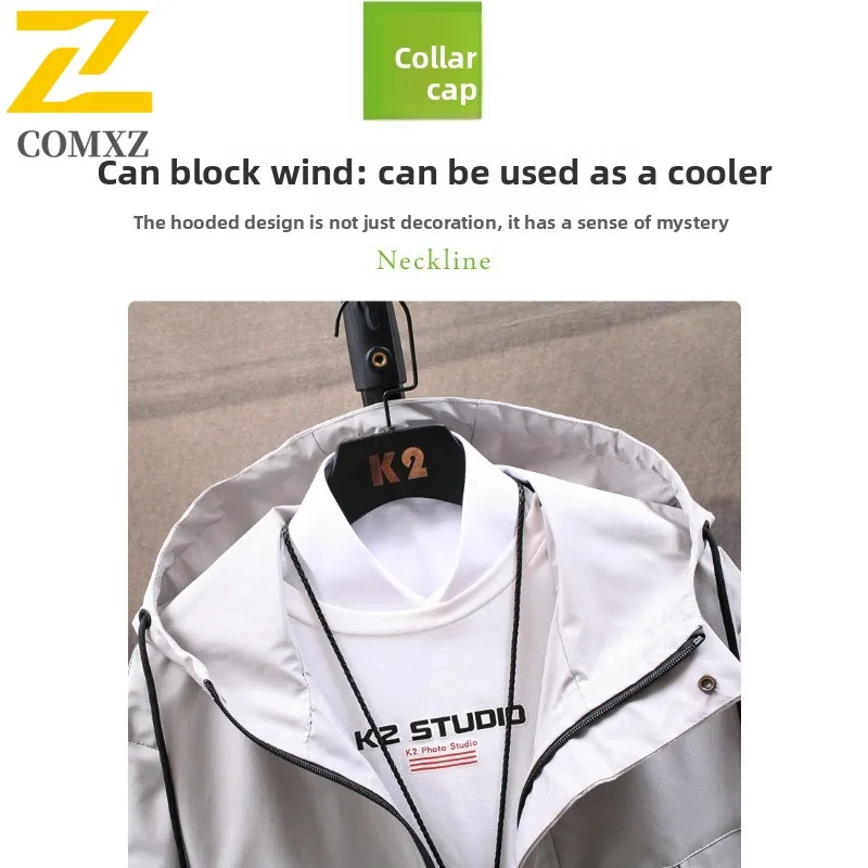 Men Korean Style Spring Fall Hooded Jacket Casual Embroidery Zipper Coat Loose Fit Streetwear Windbreaker Fashion Outdoor Sport