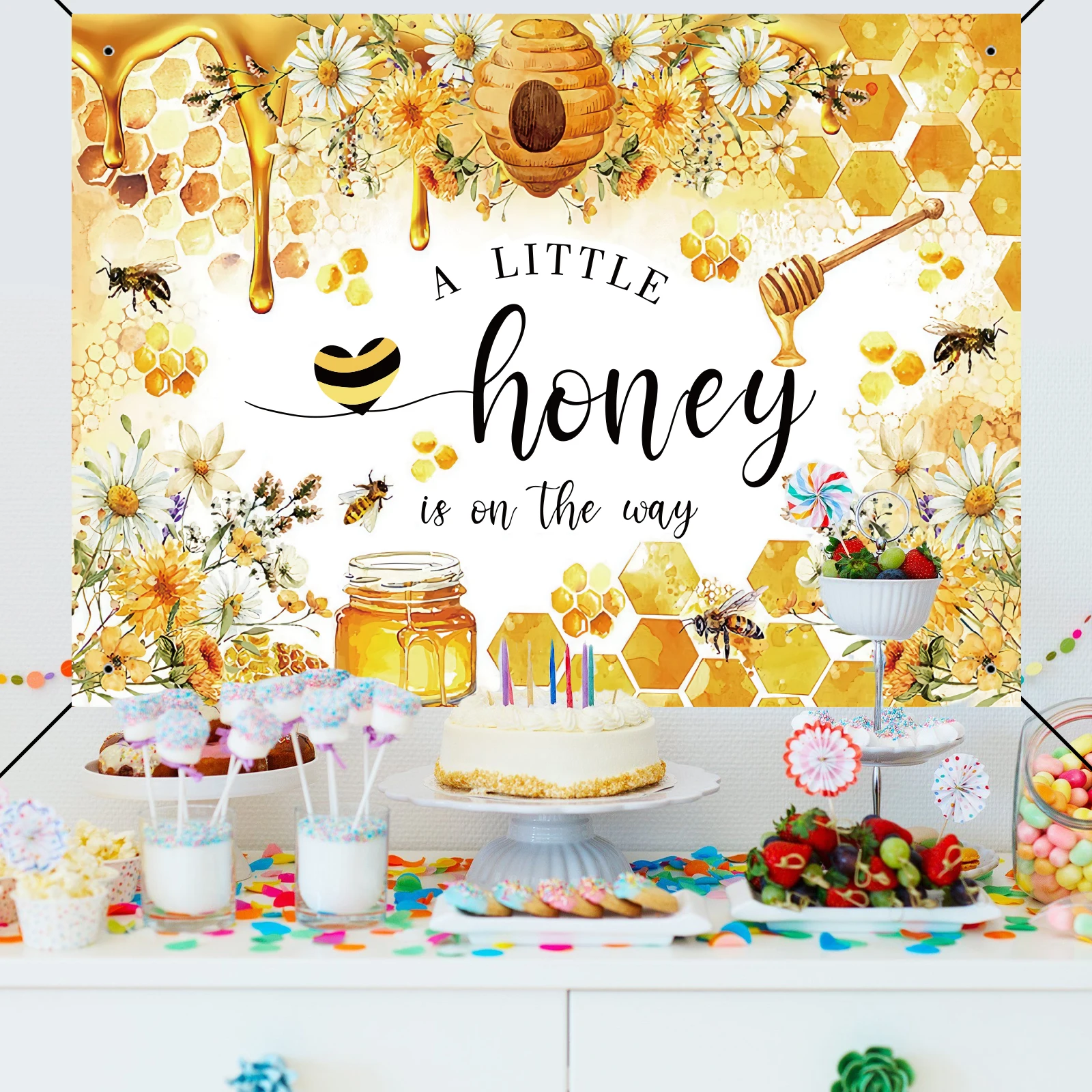 Bee Baby Shower Backdrop A Little Honey is on The way Baby Shower Party Decorations Banner for baby Honeycomb Bumble Bee Sh