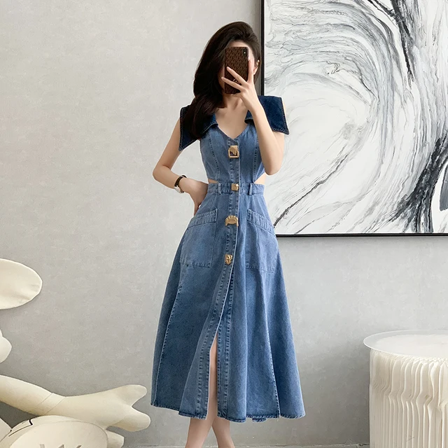 Sleeveless Denim Denim Designer Dresses Denim Shirt Dress Womens Dresses  Jeans Dress With Belt Korean Style