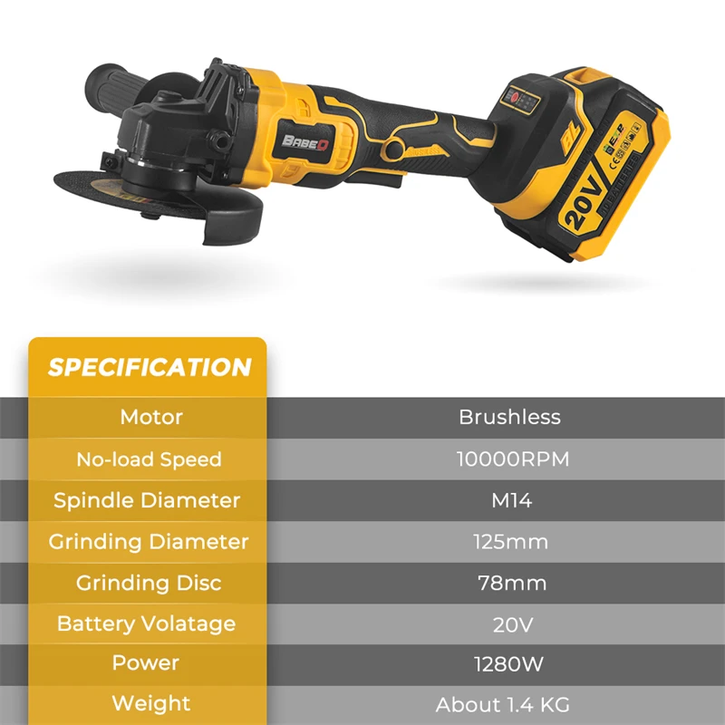 BABEQ M14 125MM bezuhlíkový úhel bruska 20V lithium-ion baterie stroj řezací akumulátorové elektrický úhel bruska energie nástroje