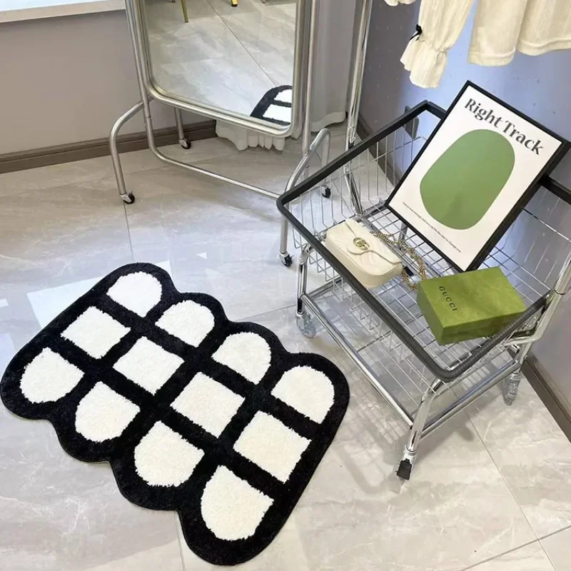 Tufting Checkerboard Carpet for Bedroom Decor Retro Fluffy Bedside Area Rug Washroom Foot Mat Living Room Coffee Table Home Rugs