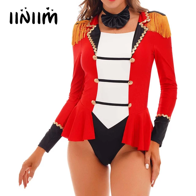 Womens Circus Ringmaster Costume Halloween Showman Long Sleeve Jumpsuit  Color Block Patchwork Skirted Bodysuit with Bow Tie - AliExpress