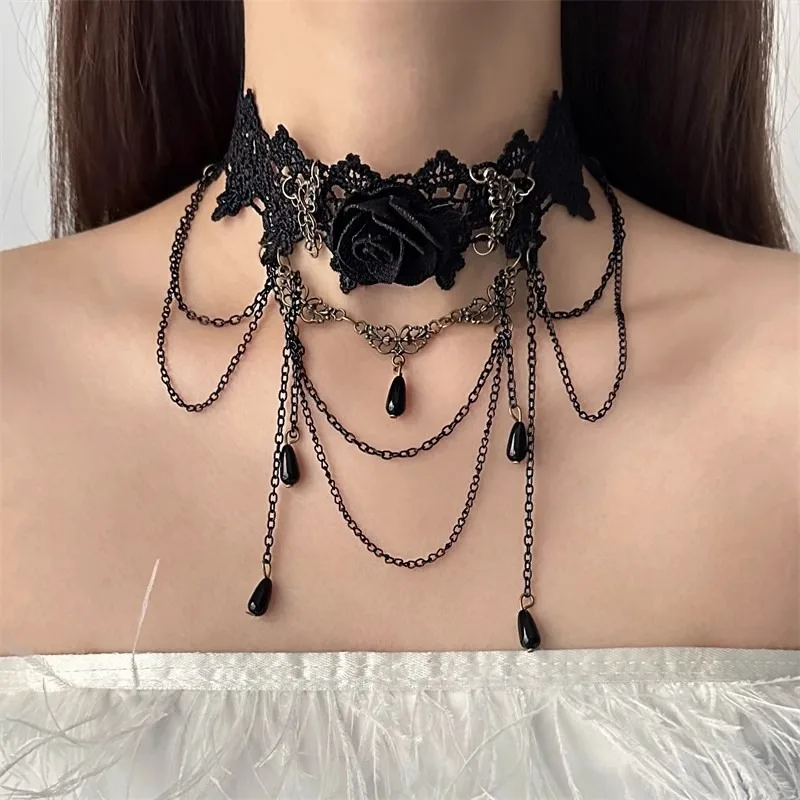 Gothic Feather Fringe Choker Necklace - Multi-Style Lace Collar with Bohemian Elegance, Y2K Statement Piece for Women