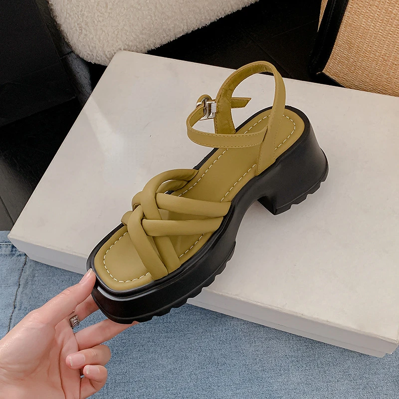

Green Woven Sandals Women's Shoes for Outdoors 2023 Summer New Open Toe Platform Versatile Roman Sandals