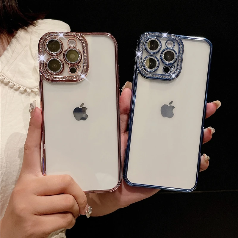 Luxury Plating Flash Diamond Bumper Phone Case with Shiny Rhinestone Lens Cover
