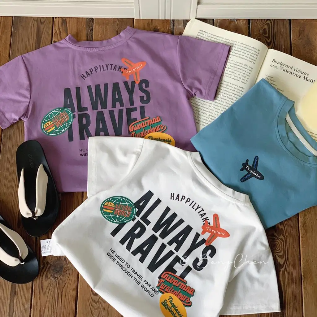 

Детские футболки для маленьких девочек, летние корейские универсальные детские топы из муслина с коротким рукавом и мультяшным принтом букв для девочек, футболки для маленьких девочек