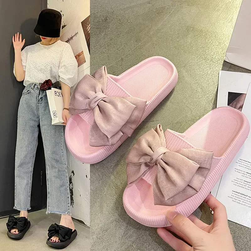 New bow tie Slippers Women Summer Thick Indoor Home Sandals Couples Bathroom Slides Non-slip Soft House Slippers femme