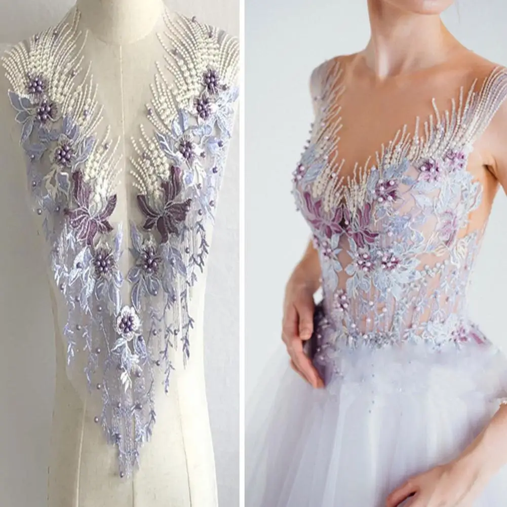 Beads Flower Embroidery Lace Collar Wedding Dress V Collar DIY Lace Flower Trim Patch Elegant Wedding Dress Patch Fabric