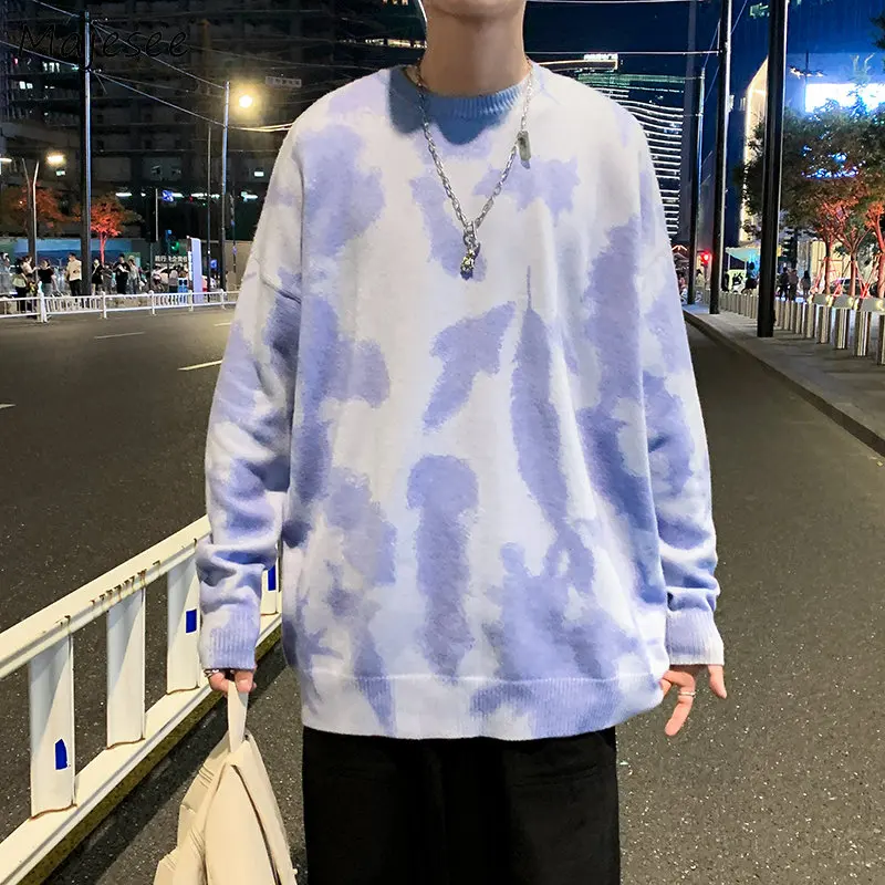 

Pullovers Men Winter Vintage Fashion Tie Dye O-neck Sweater Loose Warm Knitwear Trendy Handsome All-match Clothes Gentleman