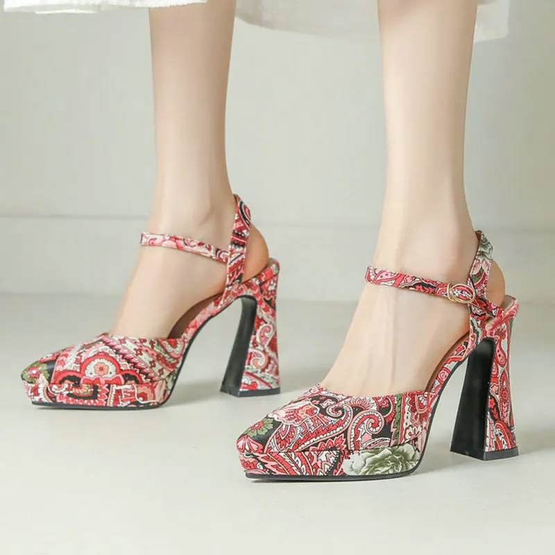 

2024 Summer Women High Heel Shoes Platform Square High Heel Ladies Sandals PU Leather Pointed Toe Buckle Party Women Shoes