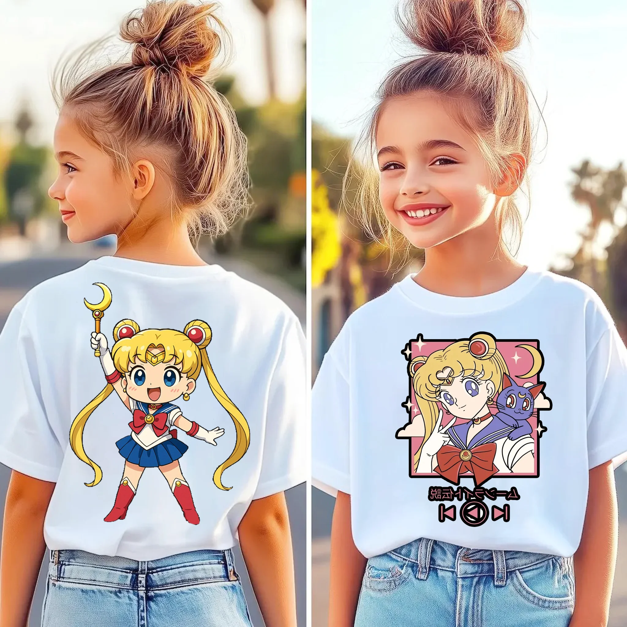 Children's Summer Sailor Moon Cartoon Print Loose Fit T-Shirt
