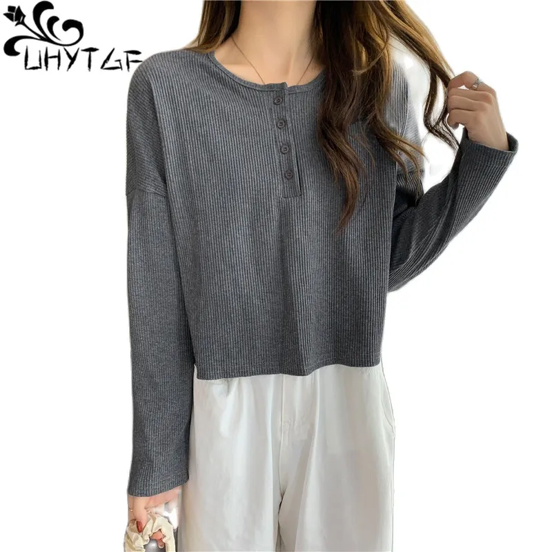 

Футболка UHYTGF женская с круглым вырезом, пуловер на пуговицах, Тонкий Топ, Повседневная Свободная рубашка оверсайз с длинными рукавами, весна-осень, 306