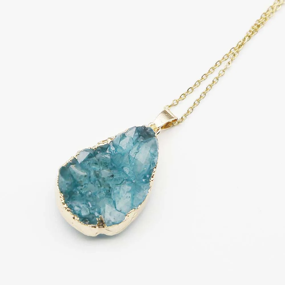 Natural Raw ore Stone Water Drop Agate Crystal Gold Edged Pendant Stainless Steel Chain Necklace Exquisite Jewelry Accessory4Pcs