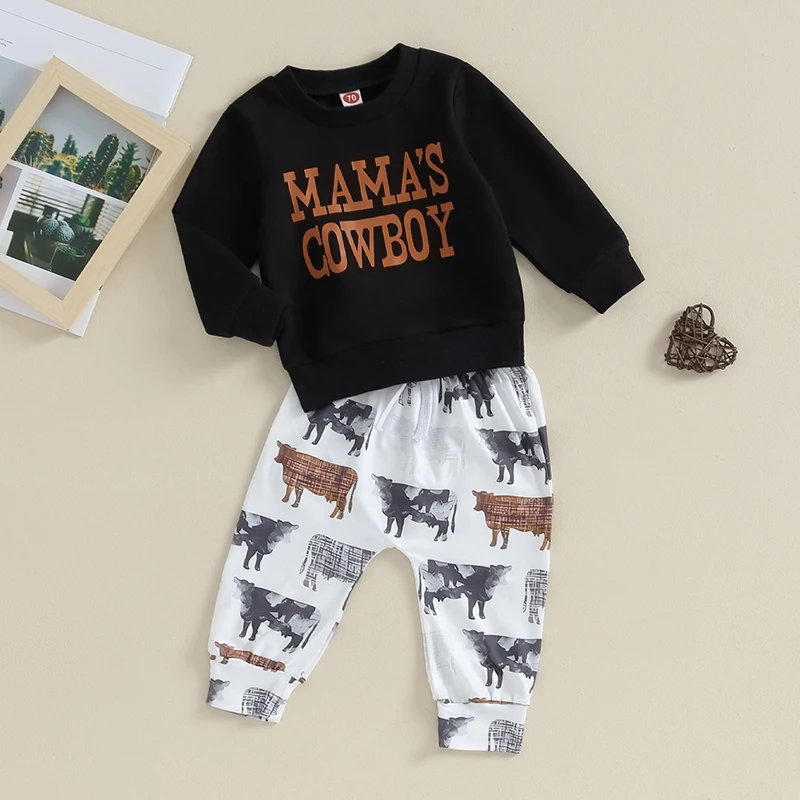 

Newborn Infant Baby Boys Western Outfit MAMA’s COWBOY Long Sleeve Crewneck Sweatshirt Pants 2Pcs Fall Winter Clothes