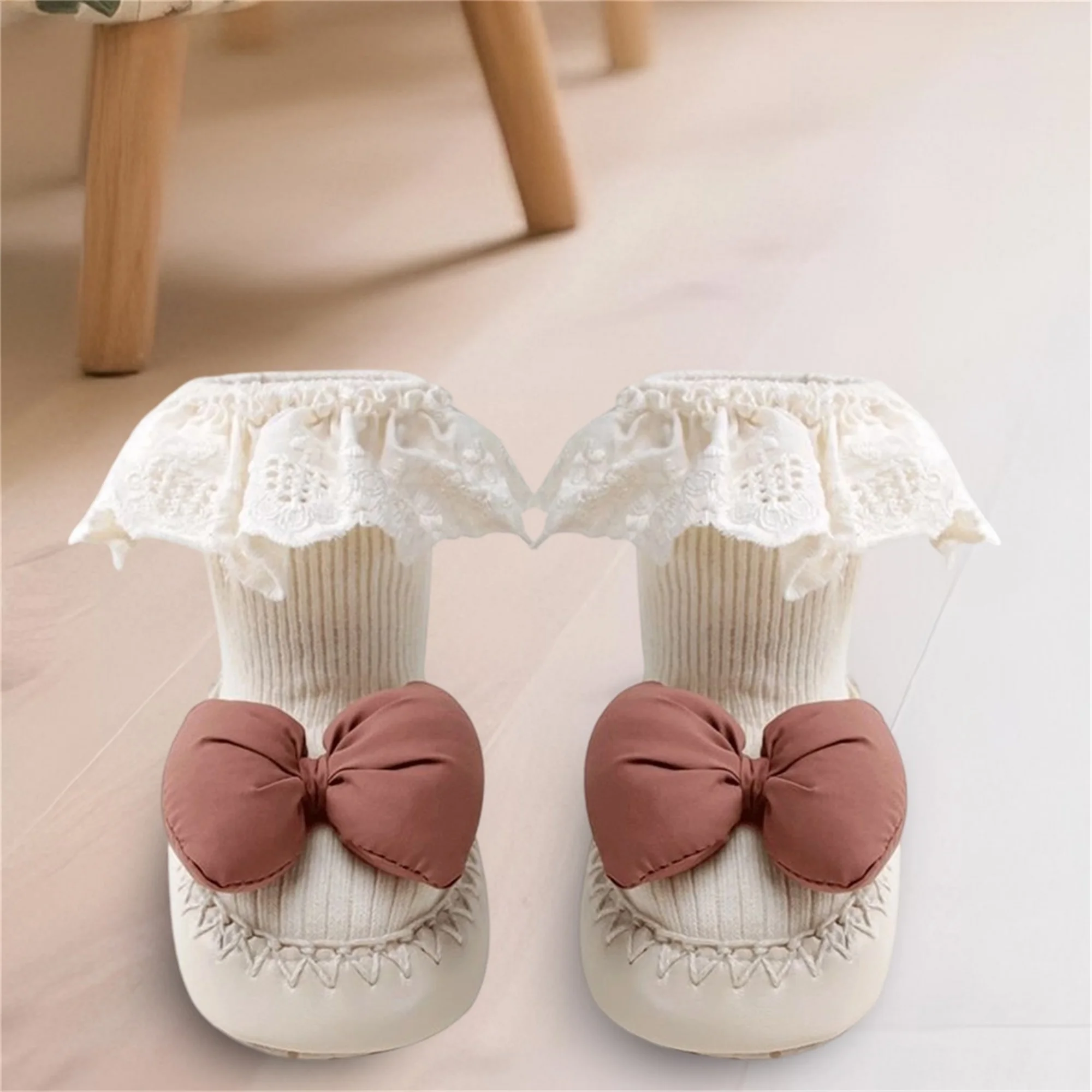 Adorable Unisex Knit Booties with Bow Detail and Soft Sole for Infants Cozy First Walker Socks for Indoor Use