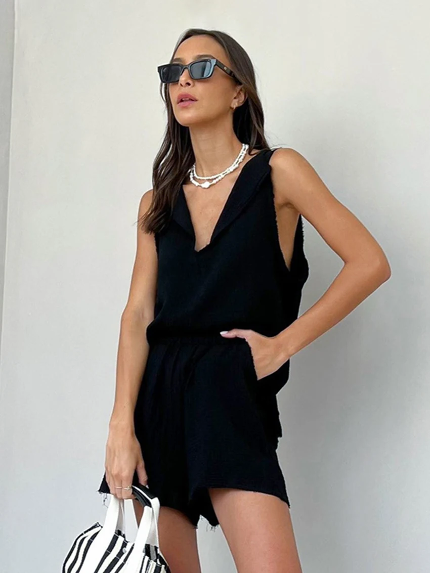 Marthaqiqi Cotton Ladies Pajamas 2 Piece Suit V-Neck Sleepwear Sleeveless Tank Tops Nightgown Shorts Casual Female Nightwear Set