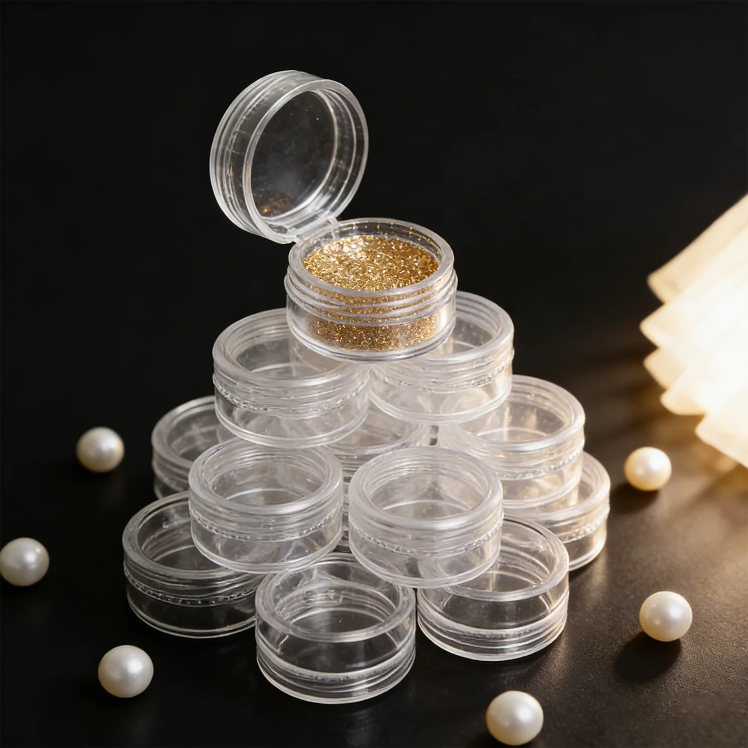 50 unids/set caja de almacenamiento de cuentas de joyería de plástico transparente contenedor redondo de fondo pequeño tarros organizador de maquillaje cajas de almacenamiento