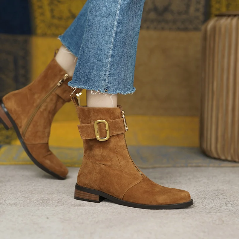 

2022 Autumn and winter Women ankle boots natural leather 22-25CM sheep suede modern boots Front zipper metal buckle women shoes