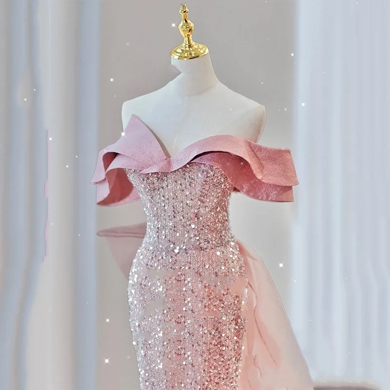 

Women Off Shoulder Long Mermaid Evening Dress Robe De Soiree Sexy Sparkly Exquisite Sequins Party Prom Gown Toast Clothing