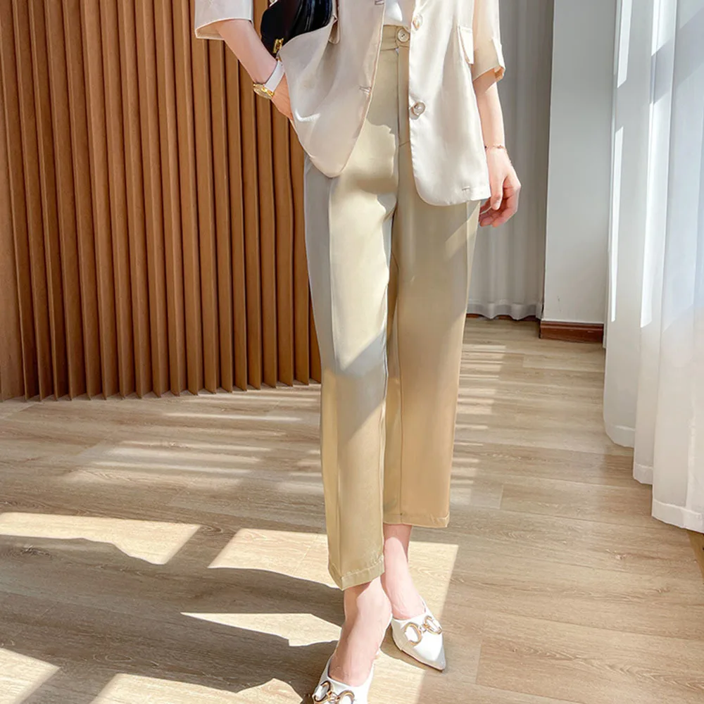 

Premium Acetic Acid Pants For Women Summer Thin High Waist Loose Satin Suits Pants Office Ladies Elegant Trousers Pantalones2023