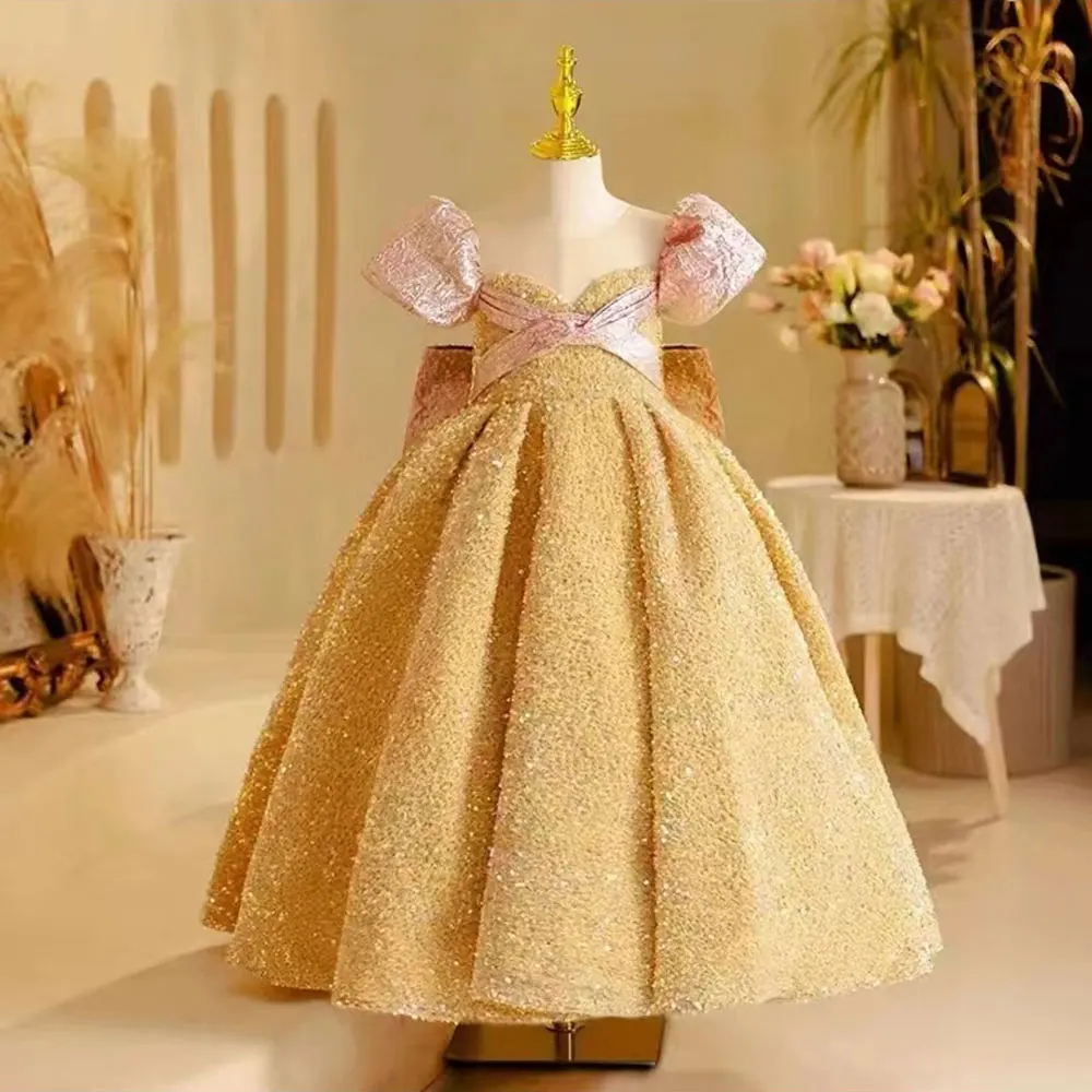 

Jill Wish Sparkly Arabic Gold Girl Dress with Bow Dubai Kids Princess Birthday Wedding Party First Communion Ball Gown 2024 J219