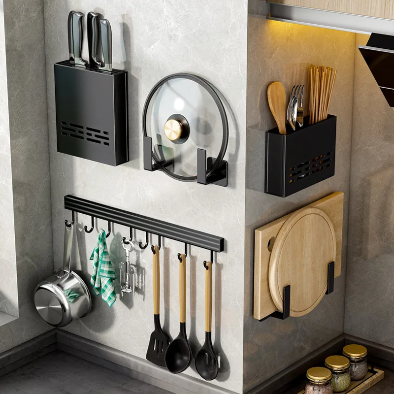  Organizador multiusos de aluminio para utensilios de cocina  (sin taladrar), soporte de almacenamiento de 23.5 pulgadas, organizador de  cocina montado en la pared, incluye estante para especias, cucharón de  cuchara, 2