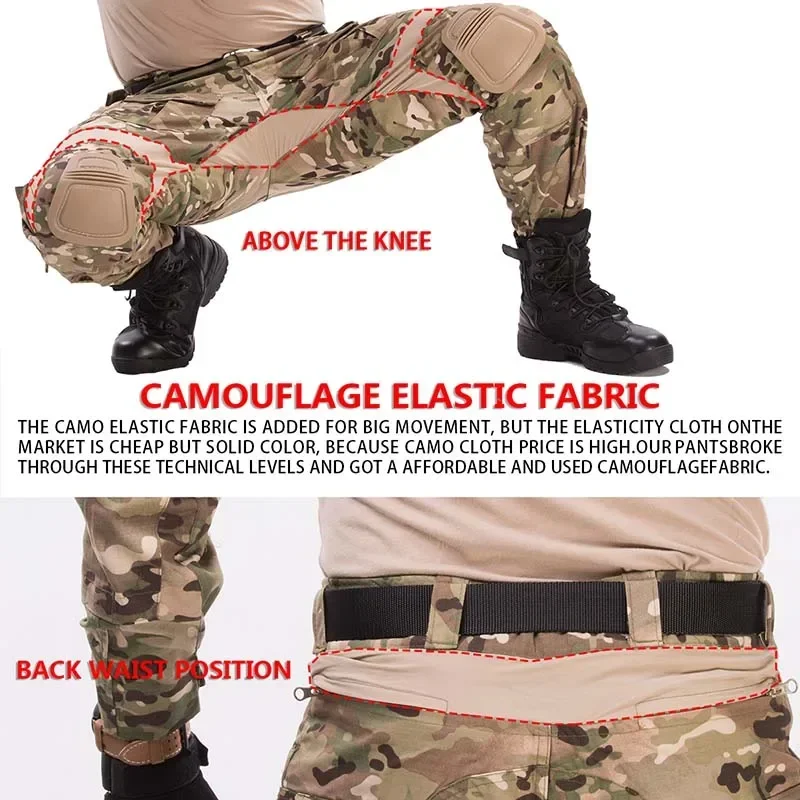 G3 Combat Pants +Pads Elastic Sport Pant Tactical Gear CP Climbing Camo Outdoor Tactic Pants Airsoft Cargo Casual Work Trouser 6