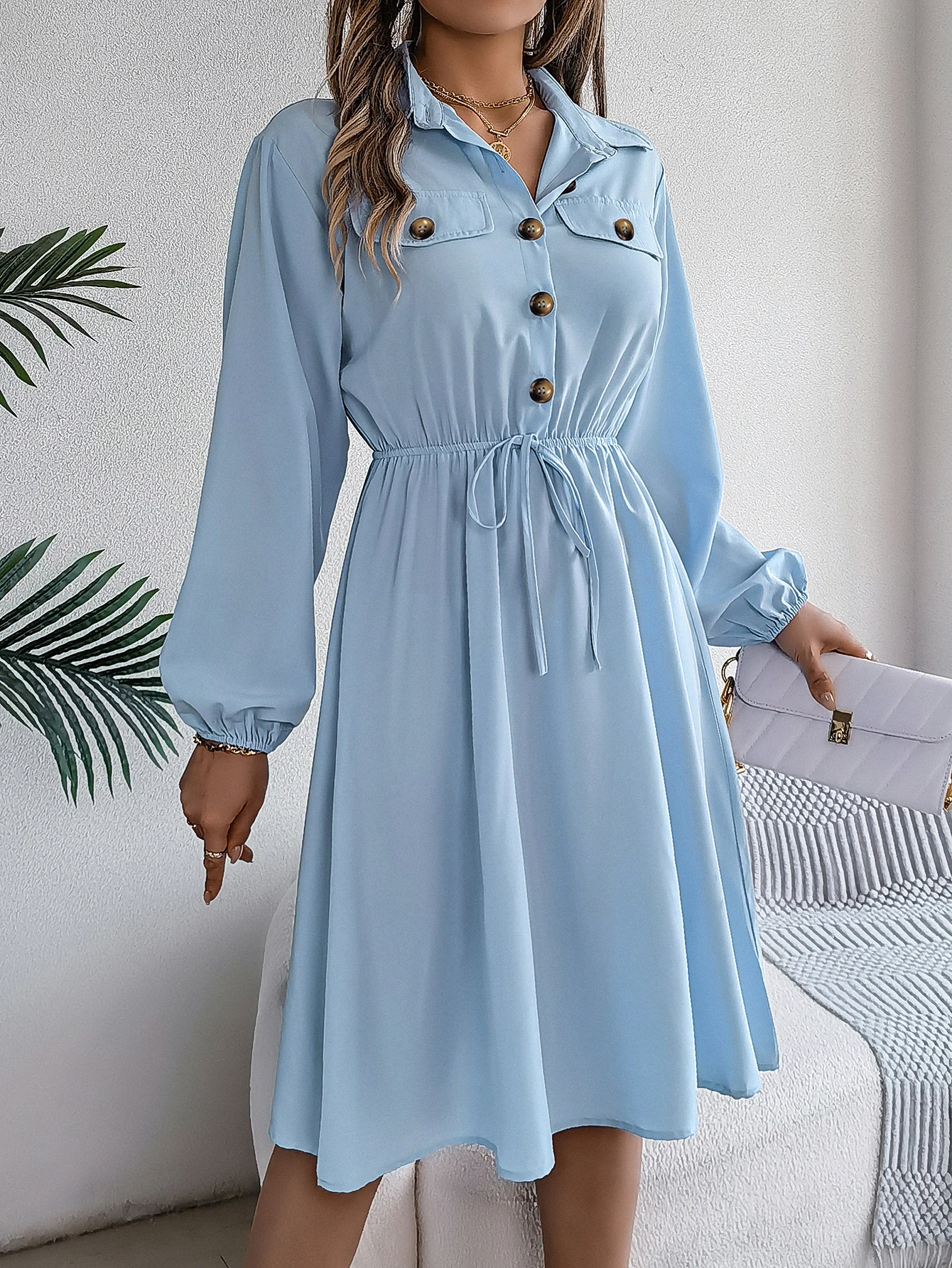 Women's Lantern Sleeves and Belt Dress | Elegant main image 0