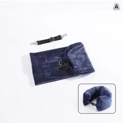 Deluxe Travel Neck Pillow with Fillable Storage Bag and Crystal Fleece Cover (A Navy blue)