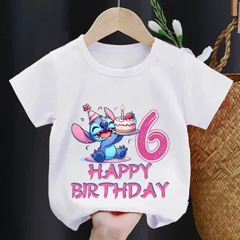 Summer Short Sleeve Birthday 3-10 Years Children T-shirt Boy Girl Clothing Lilo Stitch Cartoon Print Tshirt Cotton Top Baby Tee