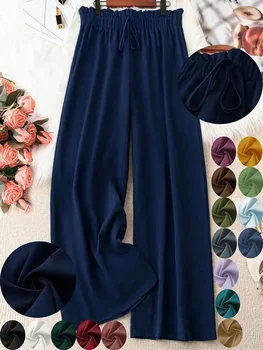 Plus Size 1XL-5XL Women Fashion Solid Color Wide Leg Pants Female Casual Elegant Drawstring High Waisted Loose Long Trousers 1