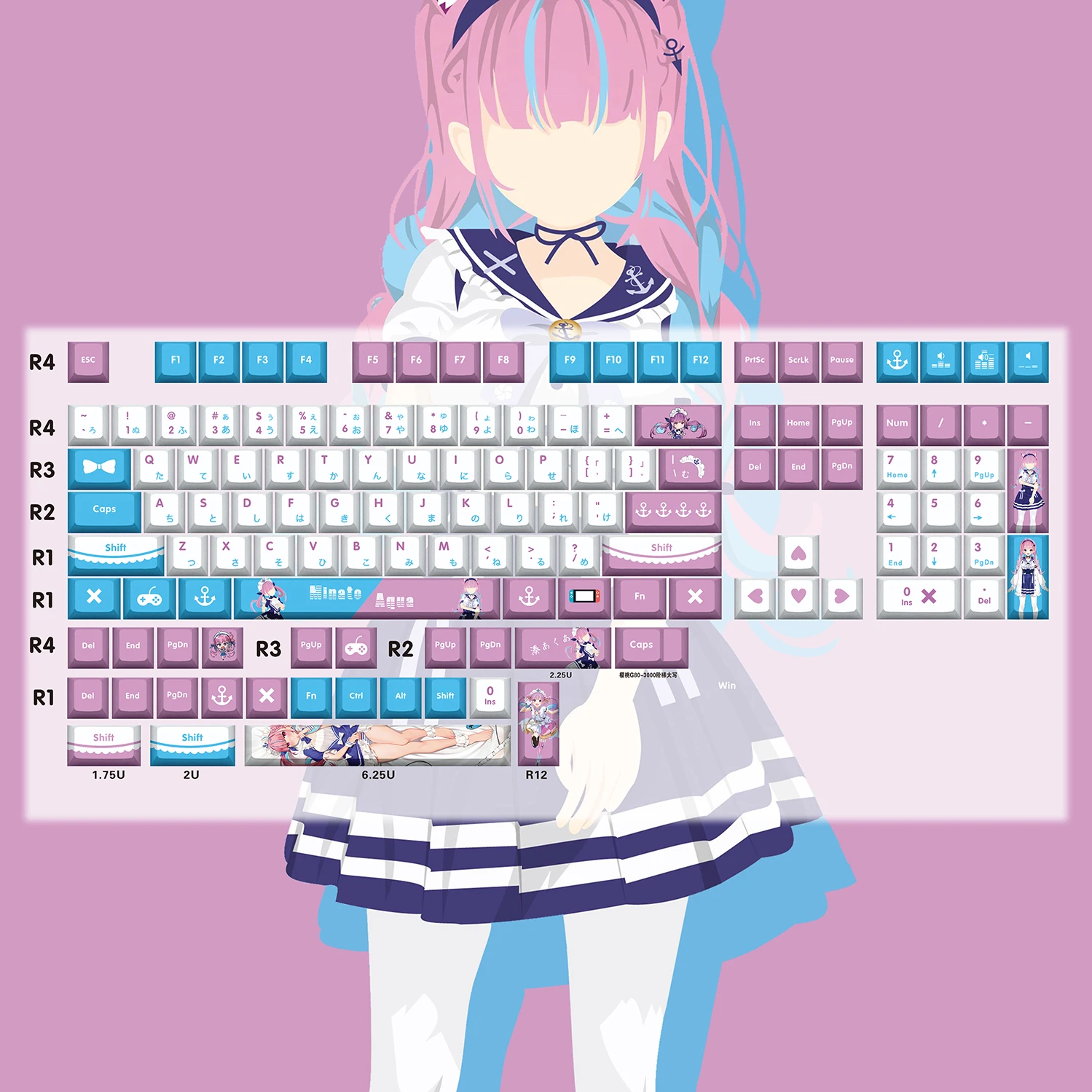Minato Aqua Hololive Vtuber Key Cover Pbt Dye Sublimation Cherry mx Cruz Eixo Switch Keycap para Teclado Mecânico