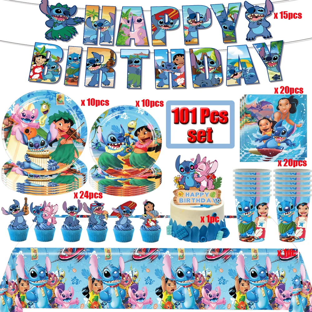 Disney Pink Stitch Birthday Party Decoration Lilo & Stitch Tableware Cups Plates Napkin Baby Shower Kids Party Gift Toys Set