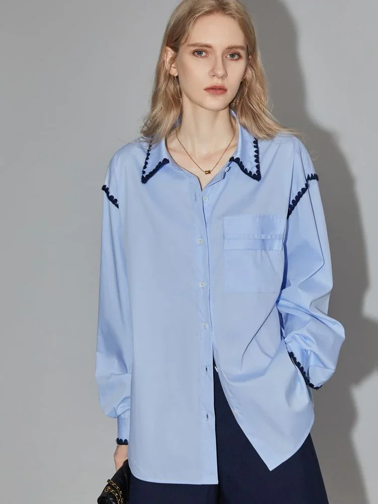 

Голубая женская рубашка, свободные элегантные блузки с длинным рукавом для женщин, плетеная блузка с воротником-поло, модная женская блузка в Корейском стиле