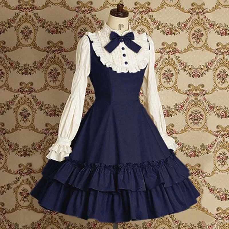 Lolita Dress Lolita Suspender Dress Lolita Cosplay Costumes Sweet Girls Vintage Slim Cotton Dress Lolita Classic Mary Magdalene Women Bow Tie Ruffle Layer Princess Mini Costume For Ladies