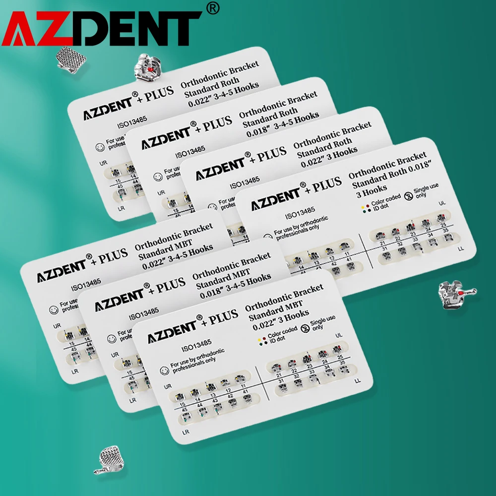 20 ชิ้น/แพ็ค AZDENT ทันตกรรมจัดฟันฐานตาข่ายวงเล็บมาตรฐาน Mini Roth MBT 0.022 "0.018" 3/345 ตะขอ Ortho วัสดุ 1