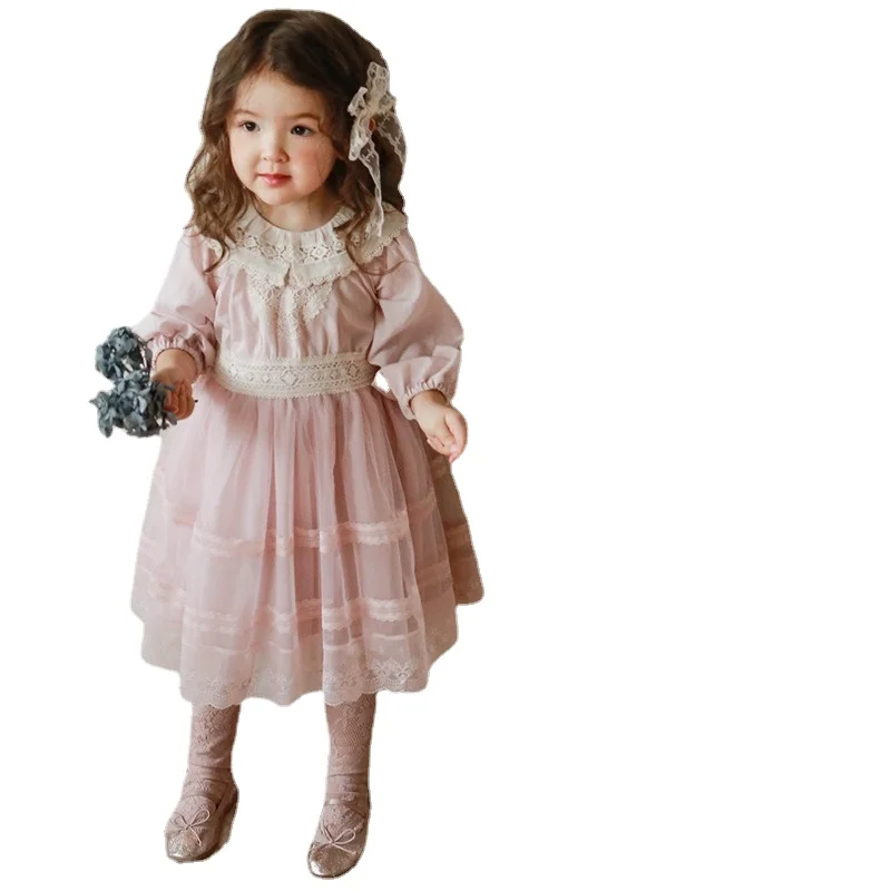 New Spring Baby Long Puff Sleeves Dress 2-11Y Child Girls Lace Turn-down Collar Princess Dresses Children Mesh Dress CL540 baby dresses