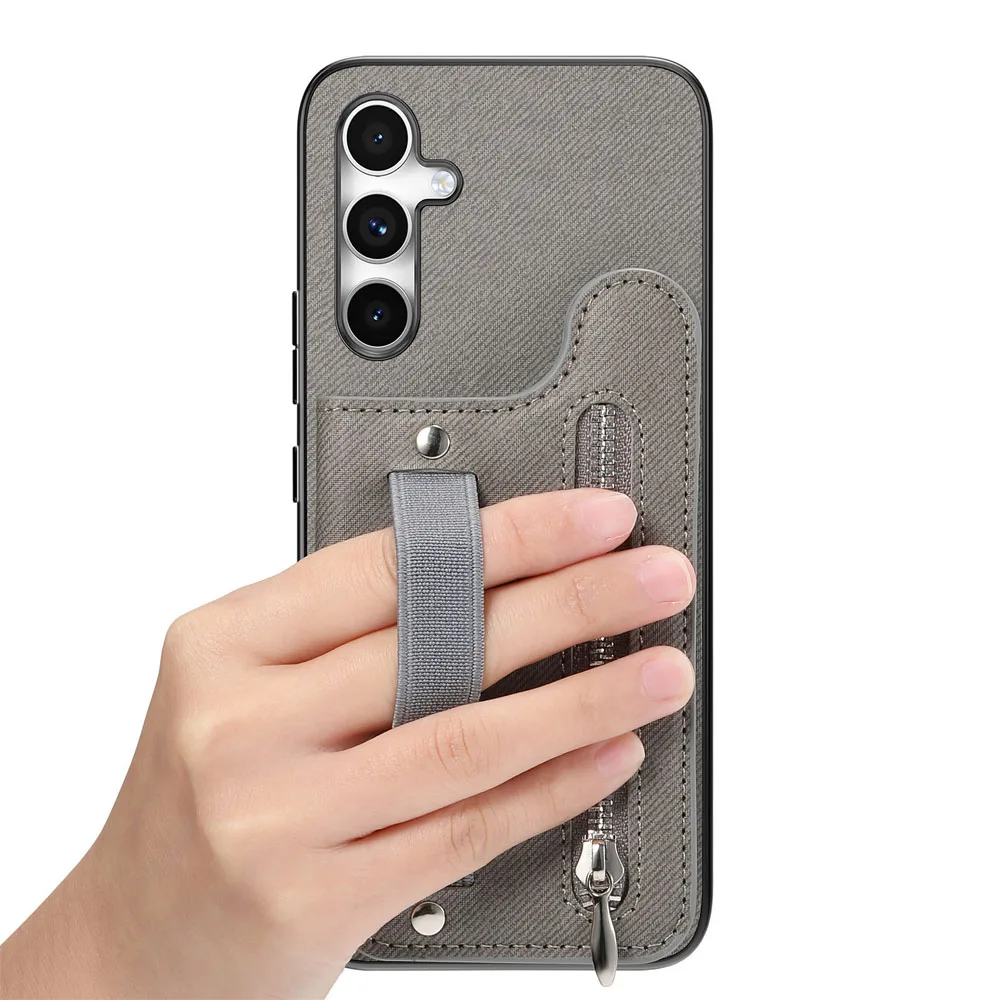 Zipper Card Slot Leather Wallet Case with Elastic Rope Wrist Strap