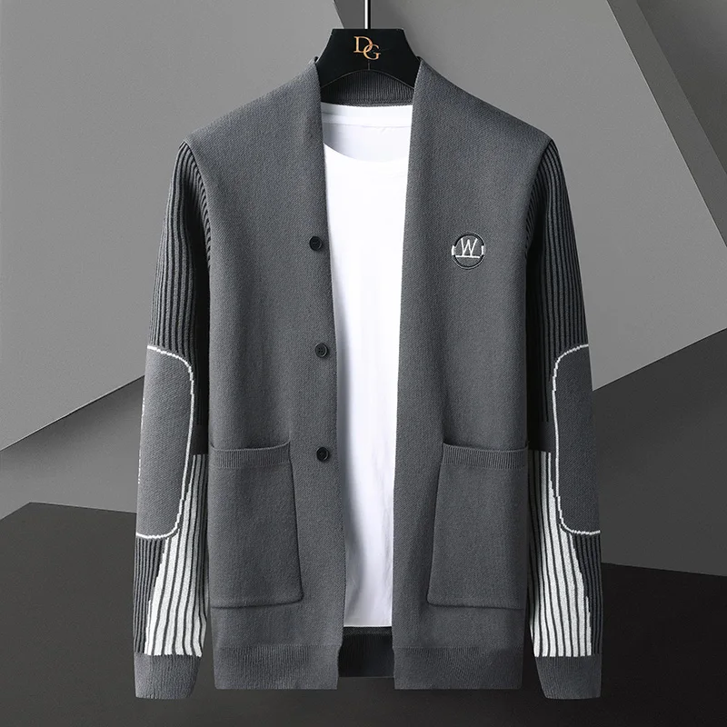 

High End Trend Embroidered Cardigan Sweater Men's Autumn 2022 New Stripe Color Contrast Personalized Knitted Coat Men