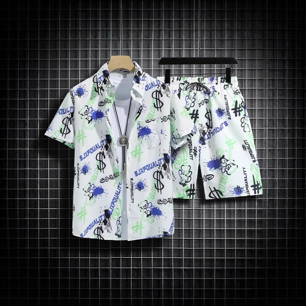 Summer Hawaii Beach Ice Silk Set Floral Shirt Short Sleeve Men Loose Hong Kong Style Teenage Handsome Shirt 2 Piece Set