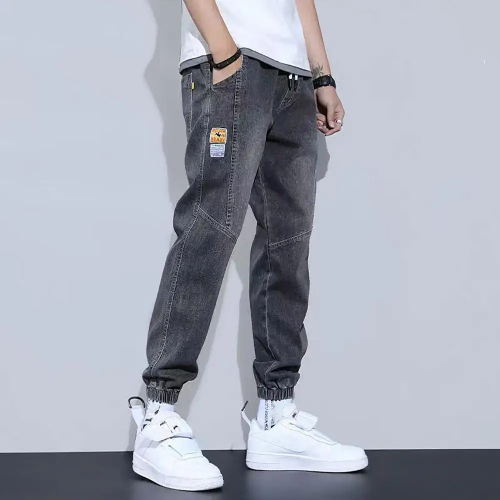 Men Jeans Autumn Winter Warm Plush Lined Drawstring Elastic Waist Pockets Casual Loose Soft Male Cuffed Trousers Menswear punk denim pants men harajuku flame cross print color block baggy jeans male straight trousers multi pockets new autumn winter