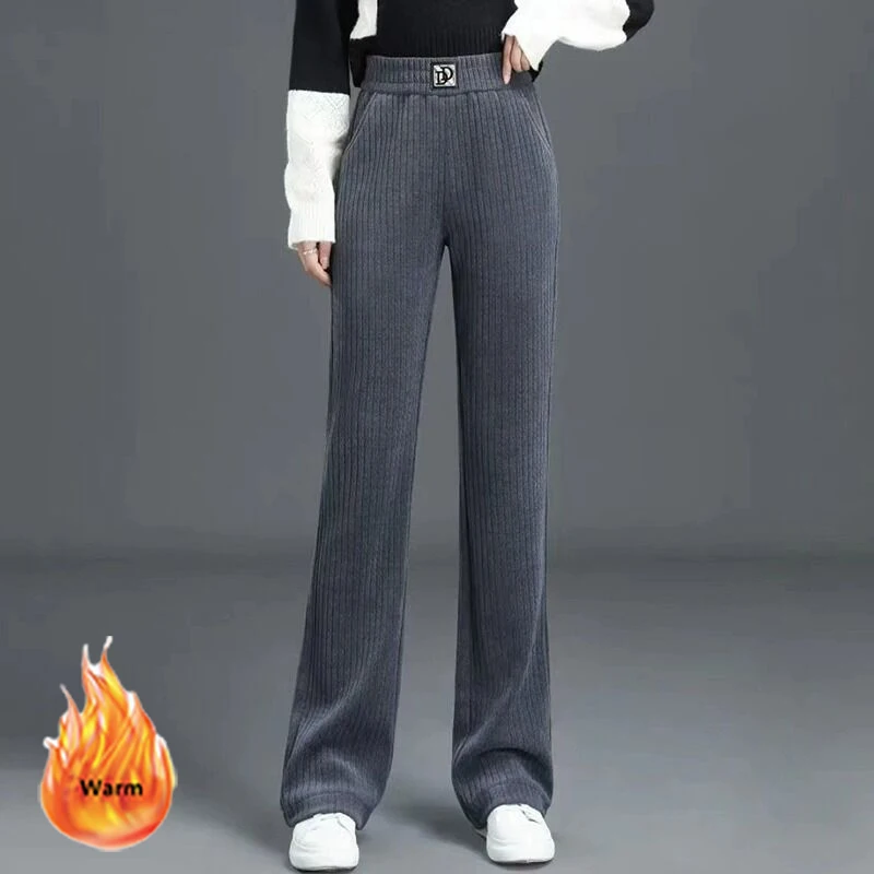 Autumn Winter Plus Velvet Straight Pants Women Letter Print Loose Vintage Sweatpants Office Lady High Waist Corduroy Pantalones